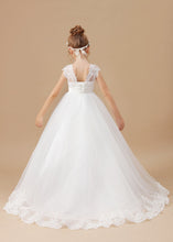 Tulle Satin Ivory V-neck Lace Floor-length Flower Girl dress