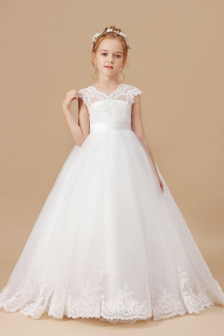 Tulle Satin Ivory V-neck Lace Floor-length Flower Girl Dress