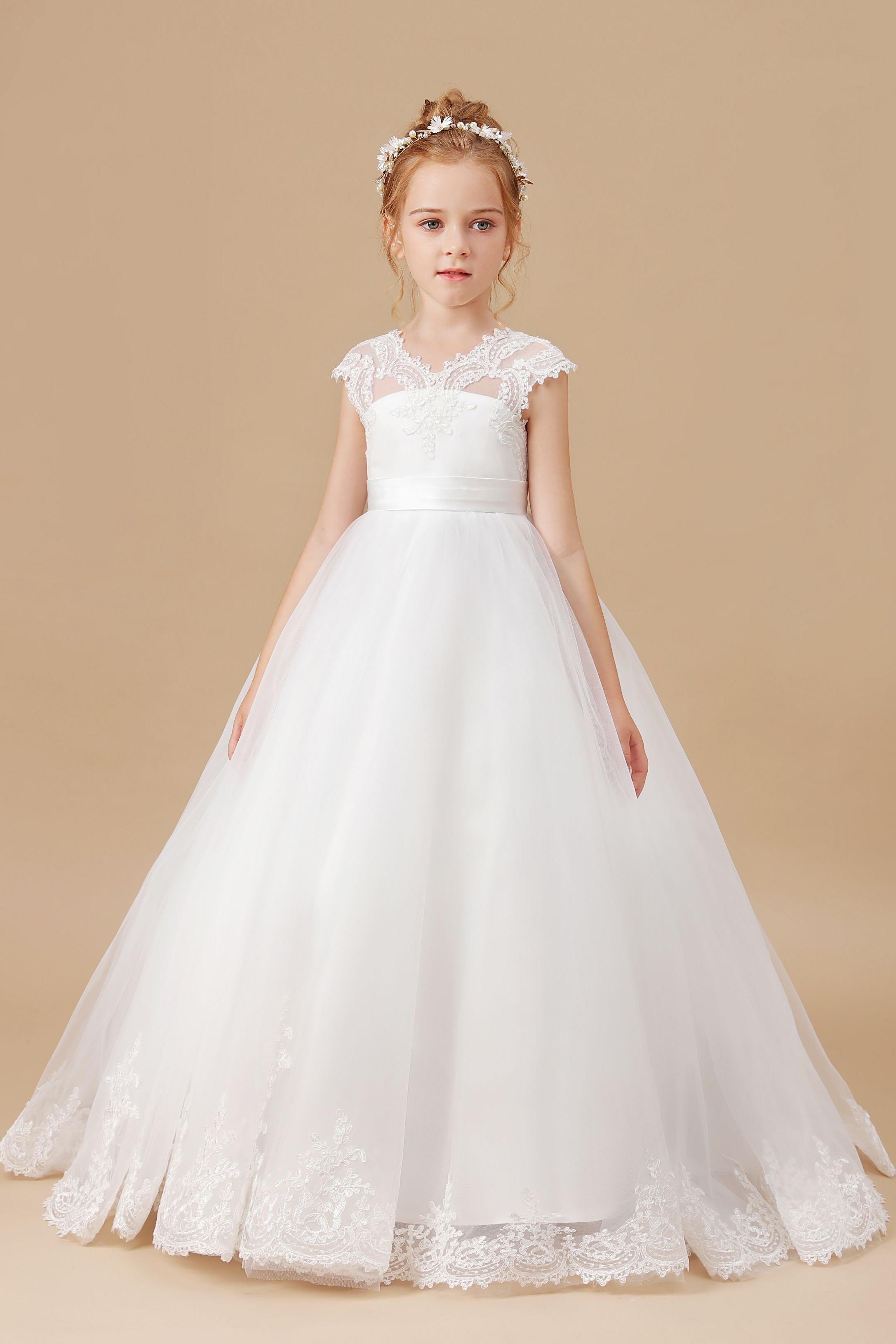 Tulle Satin Ivory V-neck Lace Floor-length Flower Girl Dress