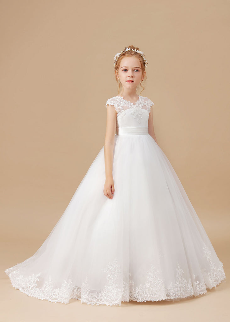 Tulle Satin Ivory V-neck Lace Floor-length Flower Girl Dress