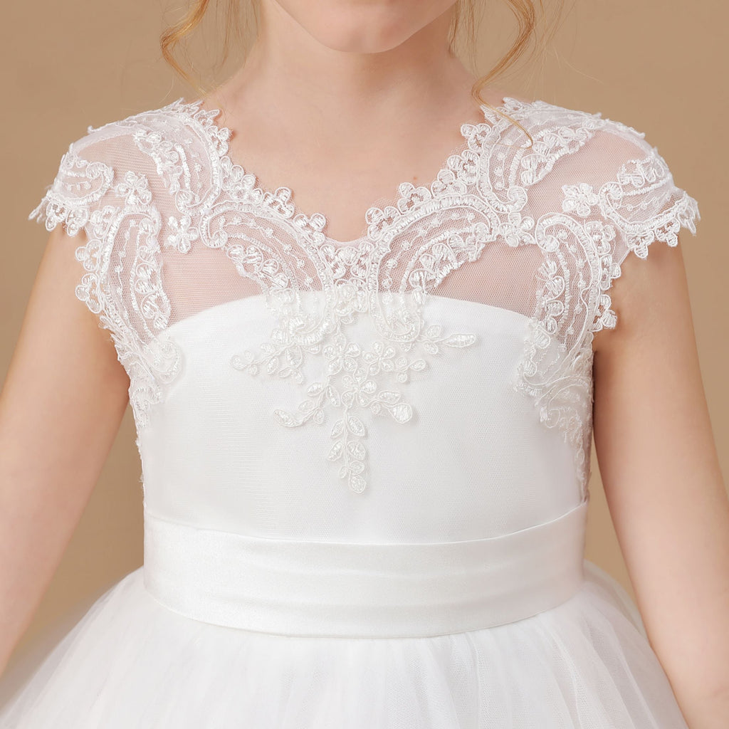 Tulle Satin Ivory V-neck Lace Floor-length Flower Girl Dress