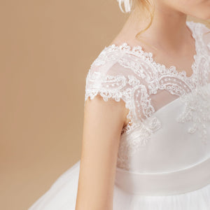 Tulle Satin Ivory V-neck Lace Floor-length Flower Girl dress