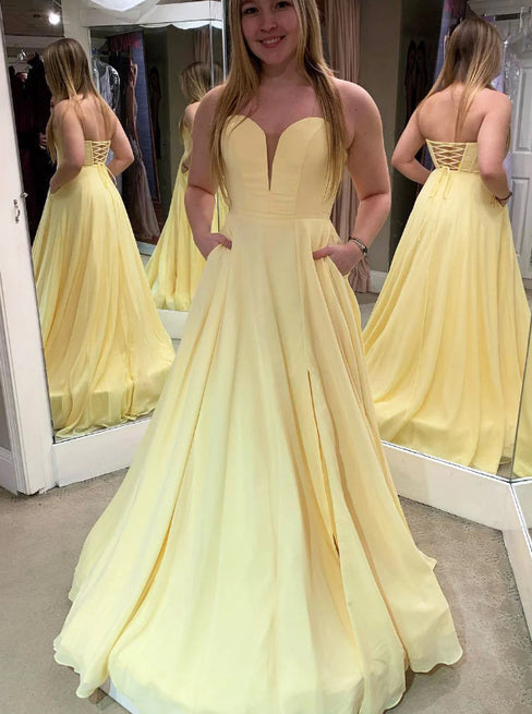 Daffodil Sweetheart Strapless Satin Long Prom Dress With Pockets PO299