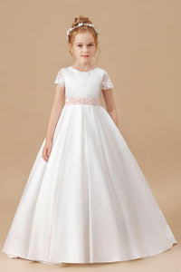 Lace Satin Ivory Long Flower Girl Dress With Pink Bowknot