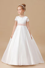 Lace Satin Ivory Long Flower Girl dress With Pink Bowknot