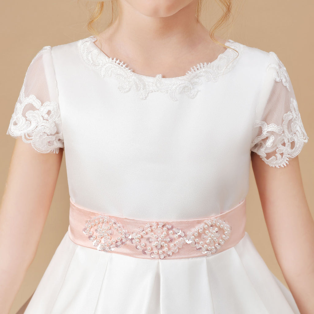 Lace Satin Ivory Long Flower Girl Dress With Pink Bowknot