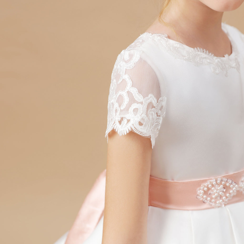 Lace Satin Ivory Long Flower Girl Dress With Pink Bowknot