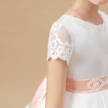 Lace Satin Ivory Long Flower Girl dress With Pink Bowknot