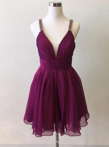 Beaded Straps V Neck Grape Short Chiffon Graduation Homecoming Dresses OM433