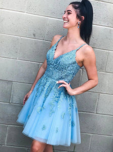 Straps V-neck Backless Blue Short Homecoming Dress With Appliques OM429