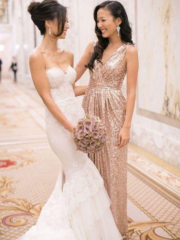 Round/V-neck A/B/C Rose Gold Pattern Long Sequins Bridesmaid Dress OB135