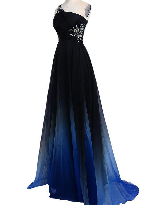 One Shoulder Cut Out Back Beading Blue Ombre Prom Dress, Long Formal Dress, OP121