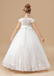 Ivory  Lace Satin Princess DressFlower Girl dress With Bowknot