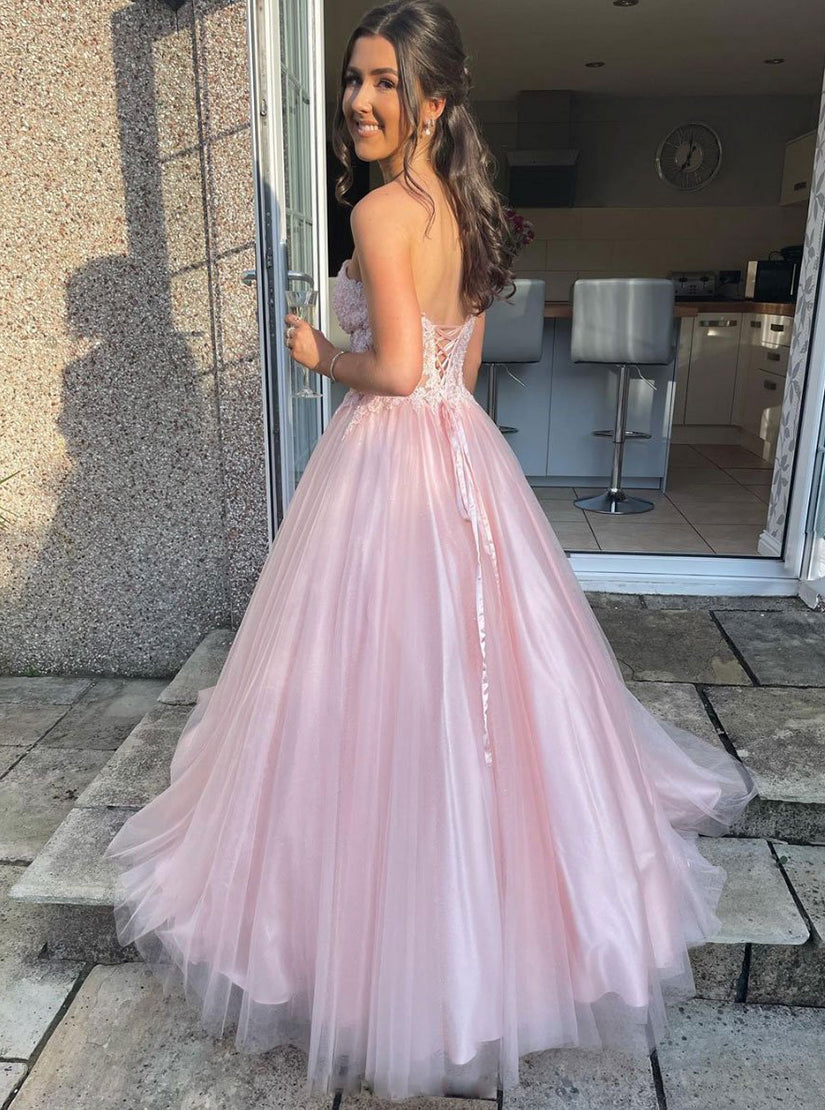 Pink Sweetheart Tulle Lace Long Prom Dress, Pink Lace Eveing Dress