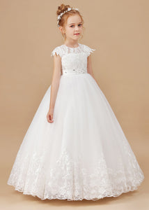 Ivory  Lace Satin Princess DressFlower Girl dress With Bowknot