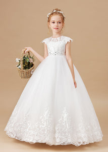 Ivory  Lace Satin Princess DressFlower Girl dress With Bowknot