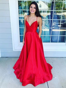 A Line V Neck Red Backless Prom Dresses with Pockets Formal Evening Dresses