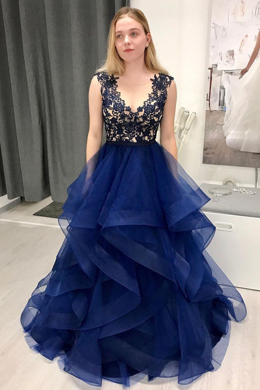 Prom Dresses Long Sheer Neck Ruffles Appliques Illusion Sweet 16 Quinceanera Dress PO395