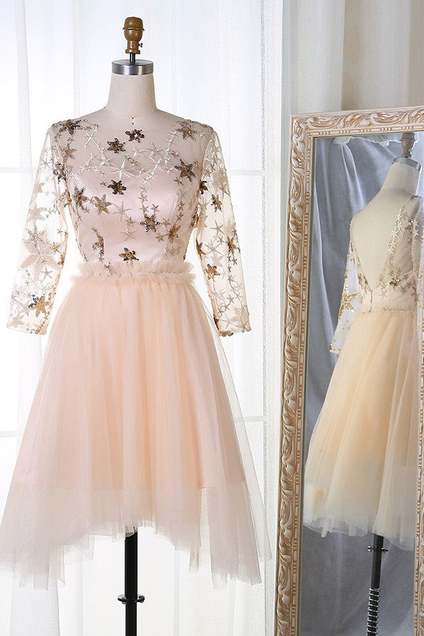 A-Line Bateau 3/4 Sleeves Stars Embroideried Tulle Homecoming Dress OM302