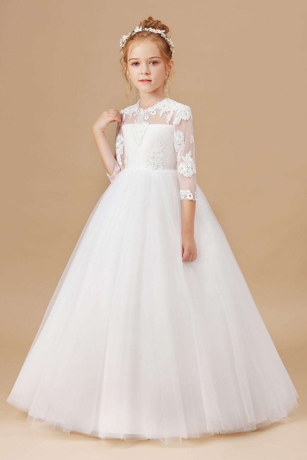 Tulle Satin White Lace Princess Flower Girl dress