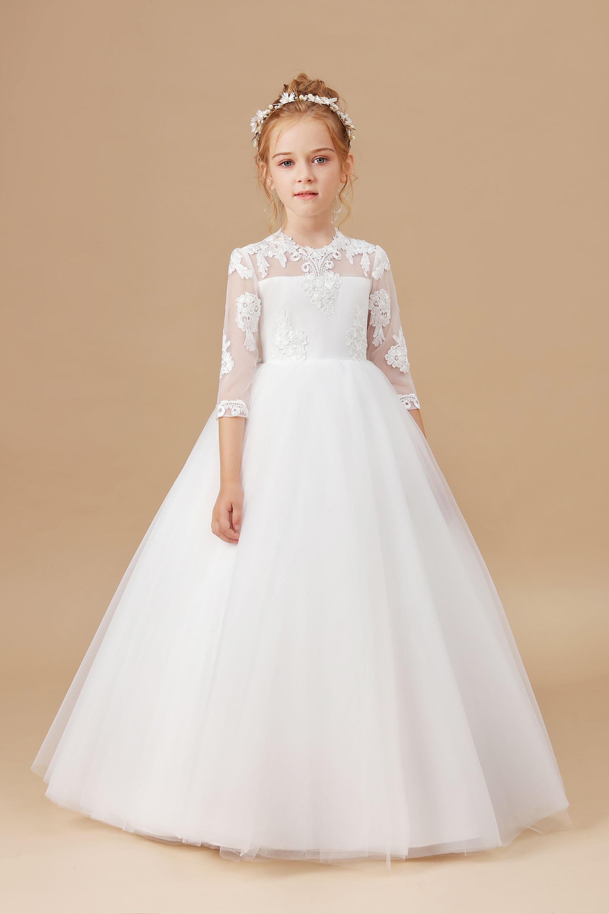 Tulle Satin White Lace Princess Flower Girl Dress