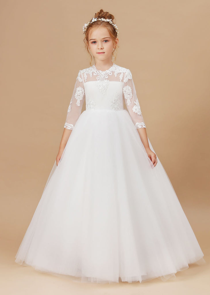 Tulle Satin White Lace Princess Flower Girl Dress