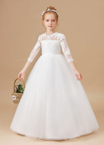 Tulle Satin White Lace Princess Flower Girl dress