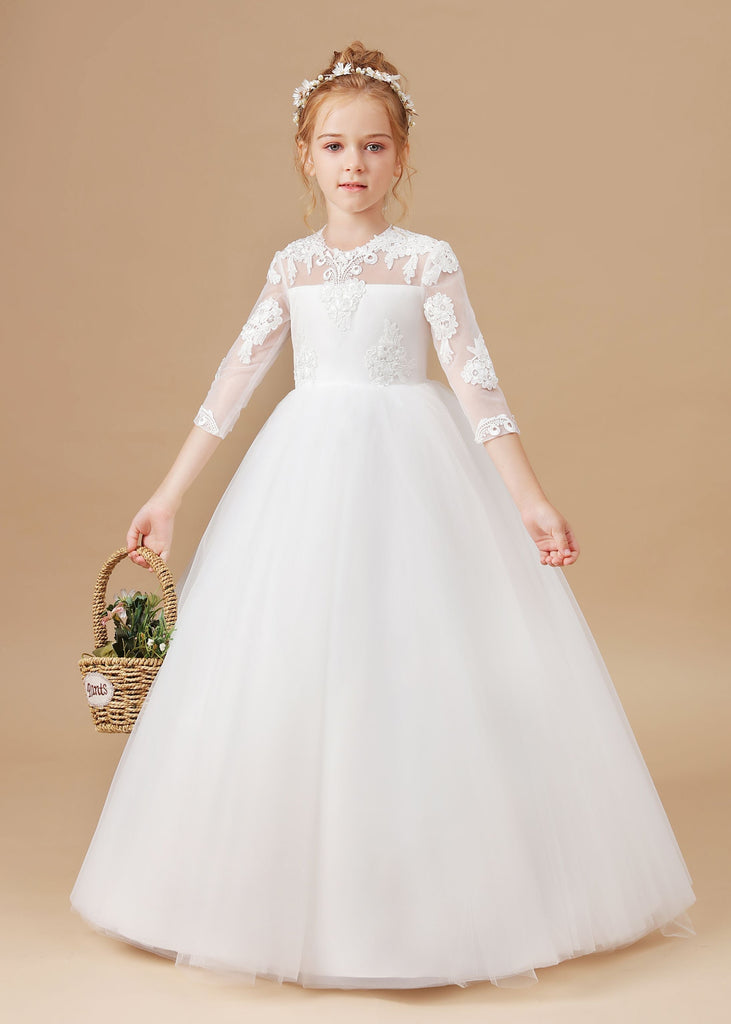 Tulle Satin White Lace Princess Flower Girl Dress