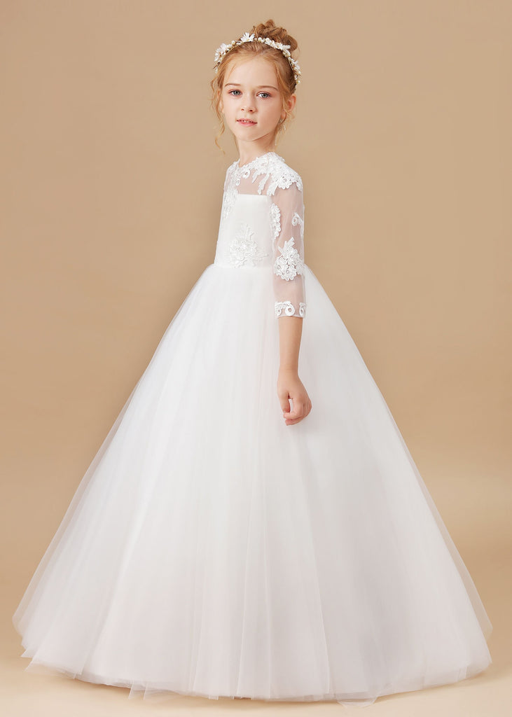 Tulle Satin White Lace Princess Flower Girl Dress