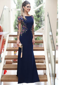 Long Sleeves Navy Blue Mermaid Prom Dresses Long Formal Dresses PO302