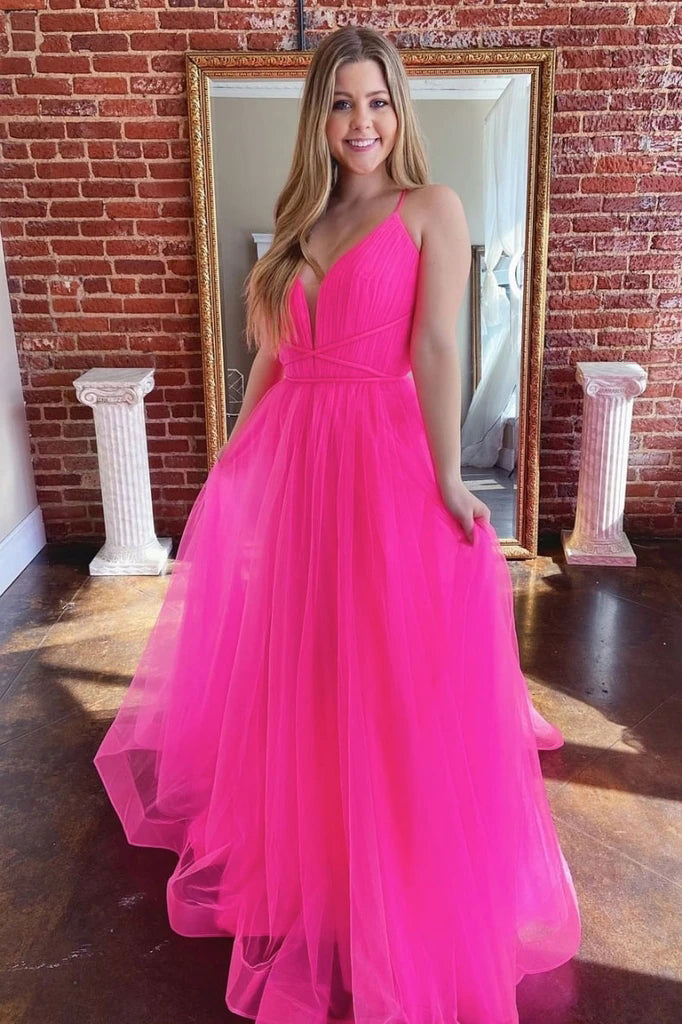 Simple V-neck Tulle Long Prom Dresses Fuchsia Formal Dress PO367