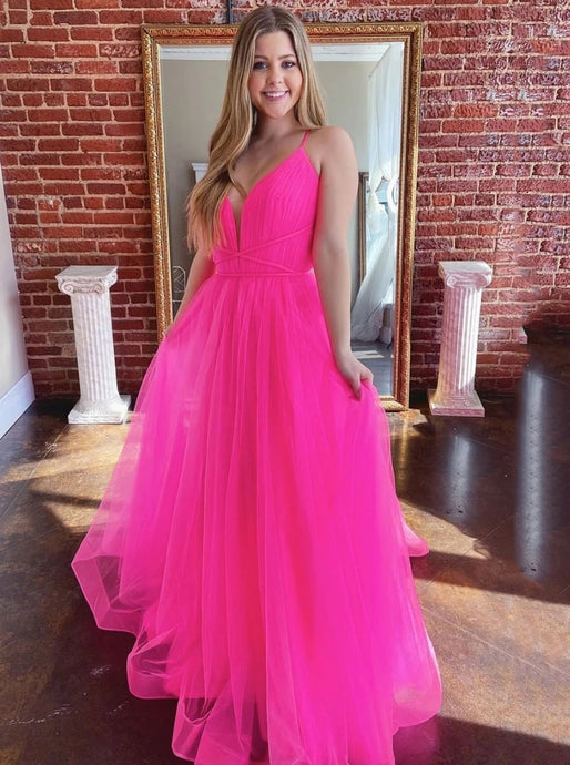 Simple V-neck Tulle Long Prom Dresses Fuchsia Formal Dress PO367