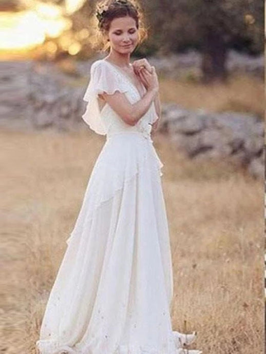 Flowy Flounce Sleeve Chiffon Beach Wedding Dresses With Appliques