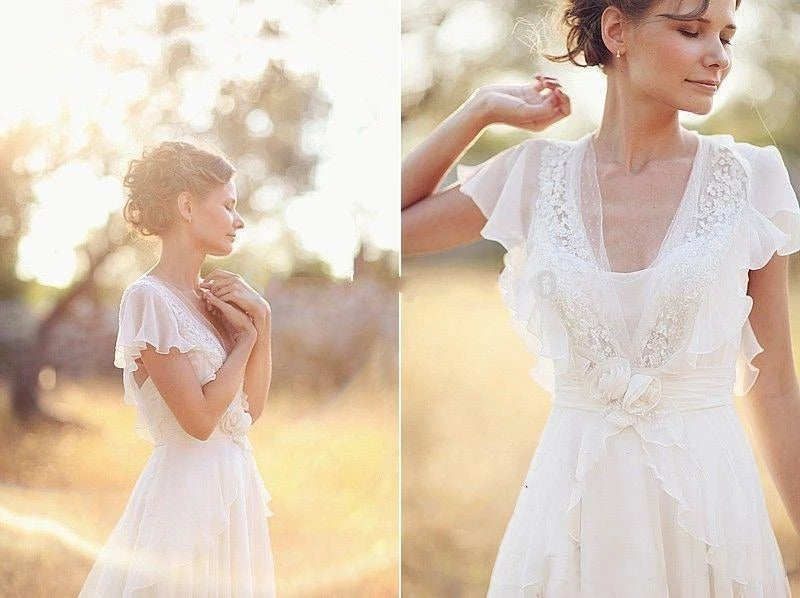 Flowy Flounce Sleeve Chiffon Beach Wedding Dresses With Appliques