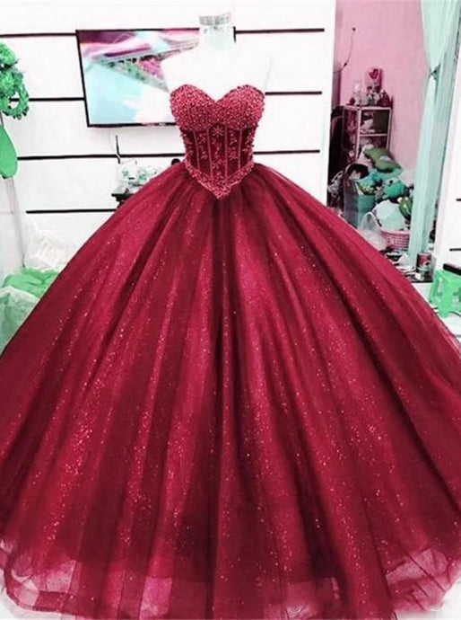 Tulle Burgundy Sparkle Sweetheart Prom Dress Ball Gown with Beaded Quinceanera Dress PO253