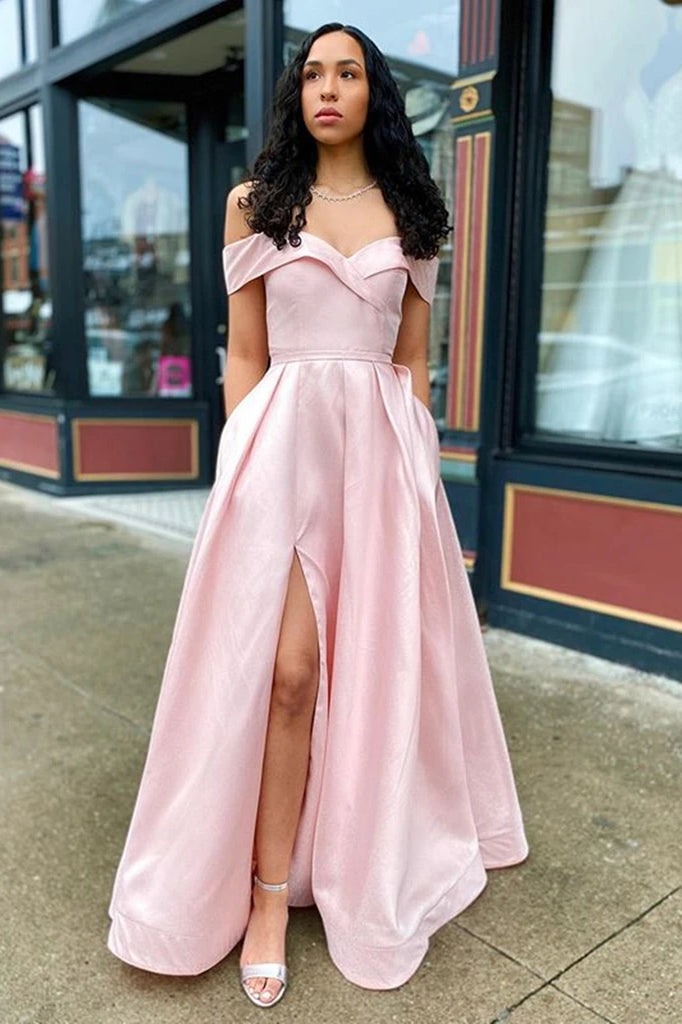 Off Shoulder Long Prom Dresses, Simple Evening Dresses With Pockets PO397