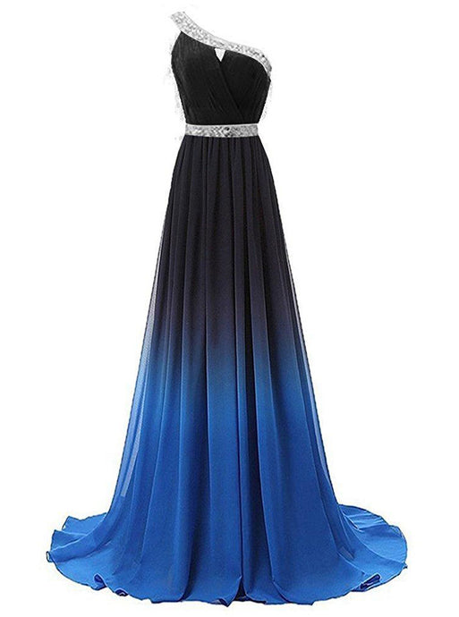 One Shoulder Chiffon Ombre Prom Dresses Beaded Gradient Formal Party Gowns PO120