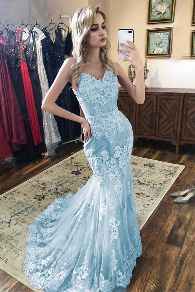Spaghetti Mermaid Lace Prom Dresses, Sky Blue Lace Formal Evening Dresses PO413