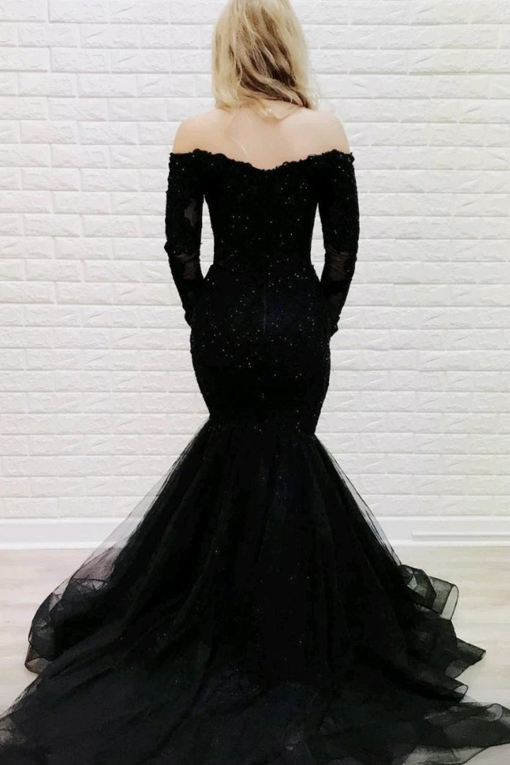 Mermaid Off-the-shoulder Lace Long Sleeves Black Prom Evening Dresses PO189