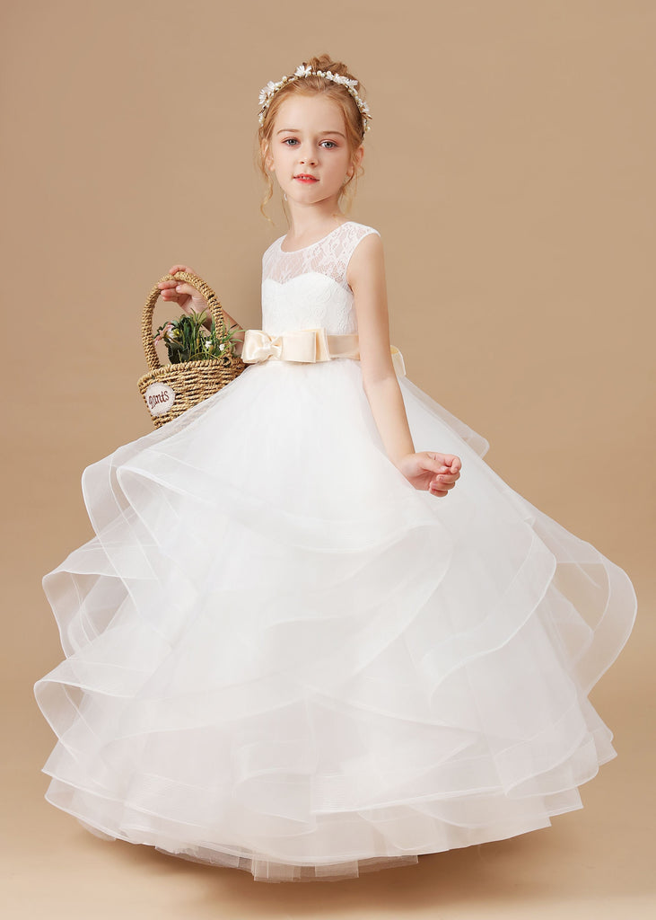 Ruffled Satin Ivory Multi-layered Tulle Flower Girl Dress With Champagne Bow