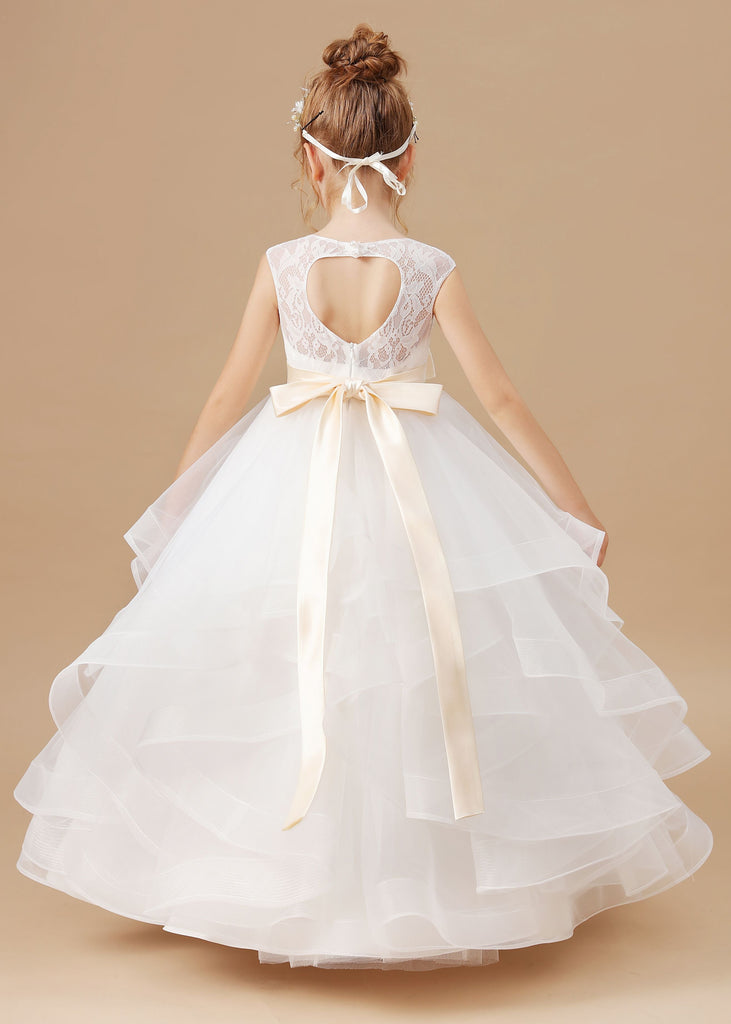 Ruffled Satin Ivory Multi-layered Tulle Flower Girl Dress With Champagne Bow