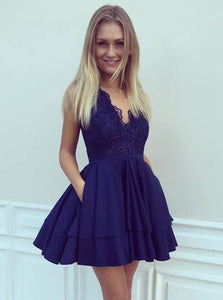 A-Line Navy Blue V-Neck Short/Mini Lace Satin Prom Dress With Pockets