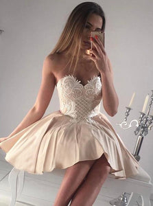 Beige A-Line Sweetheart Short Satin Prom Dress With Appliques OC114