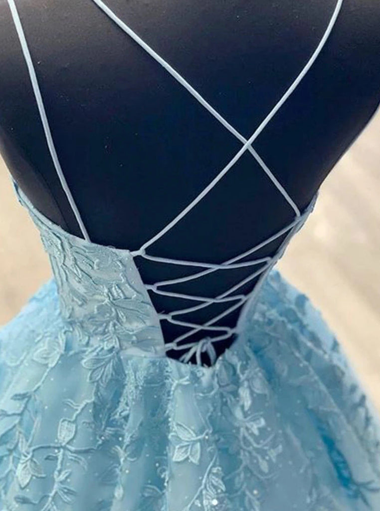 Spaghetti-straps Sky Blue Tulle Long Prom Dresses With Appliques PO164