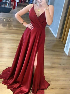 A Line V Neck Burgundy Long Prom Dresses Satin Formal Evening Dresses