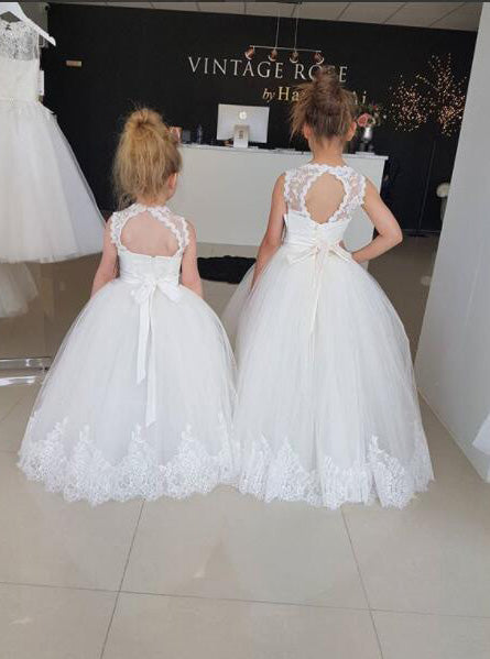 Princess Ivory Scoop Neckline Open Back Flower Girl Dresses With Lace OF142