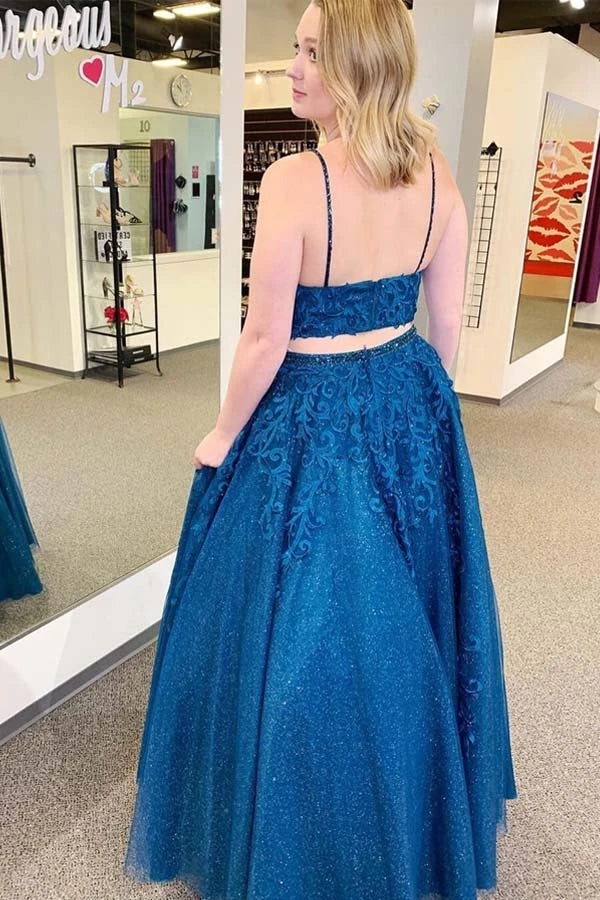 Sparkle Tulle Appliques Two Piece Royal Blue Prom Formal Dresses PO309