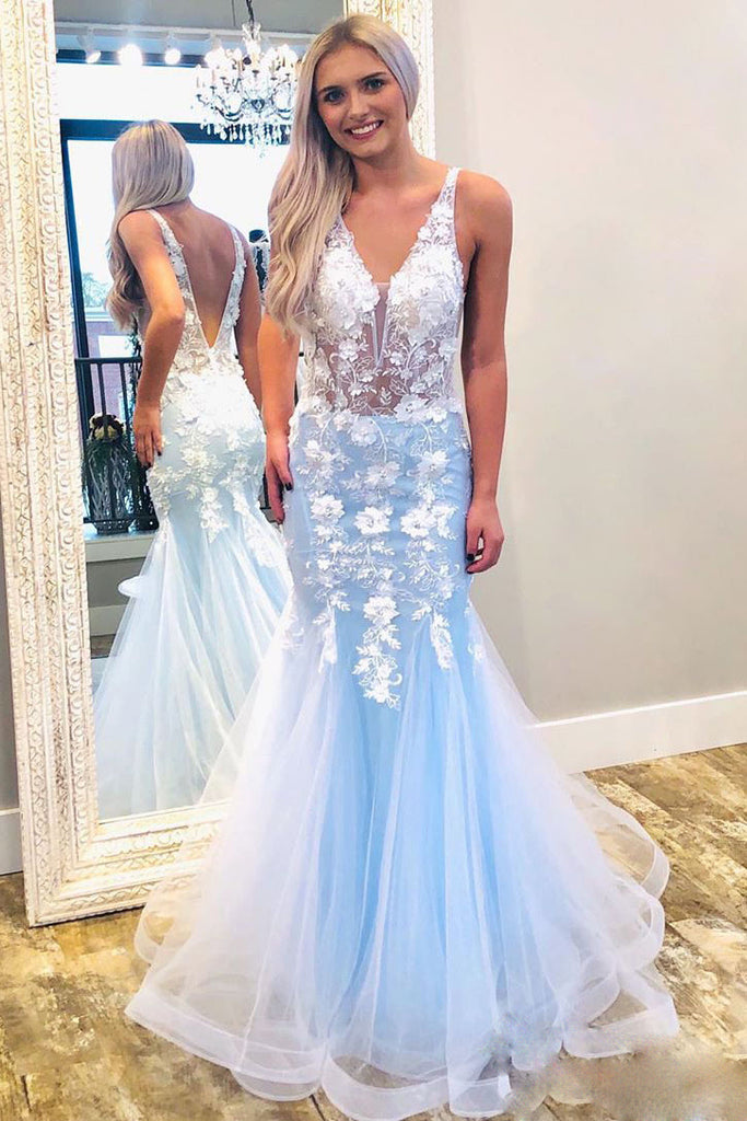 Sky Blue Mermaid V Neck Prom Dresses with Lace Appliques PO385