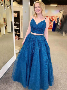 Sparkle Tulle Appliques Two Piece Royal Blue Prom Formal Dresses PO309