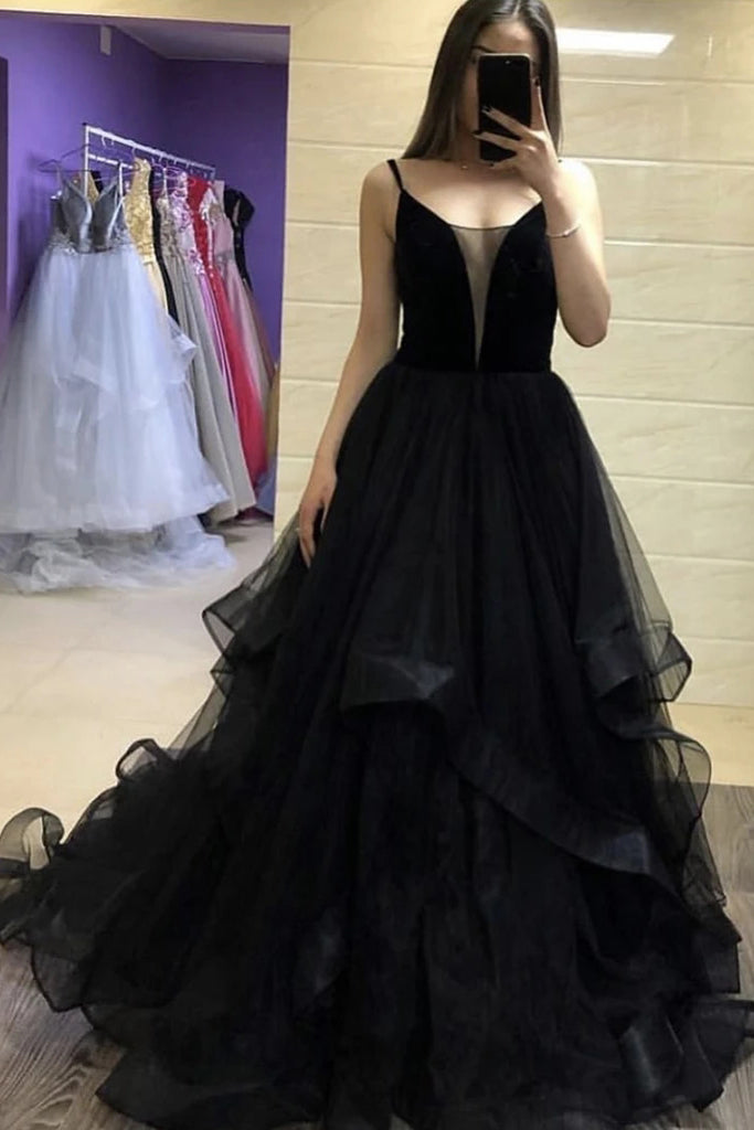 Black Tulle Long Prom Dresses, Black Evening Dress With Ruffles PO376